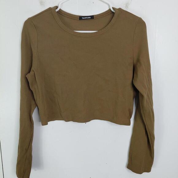 Talentless Tops - Talentless Top Womens XL Long Sleeve Cropped Ribbed Brown Sepia Crewneck Casual